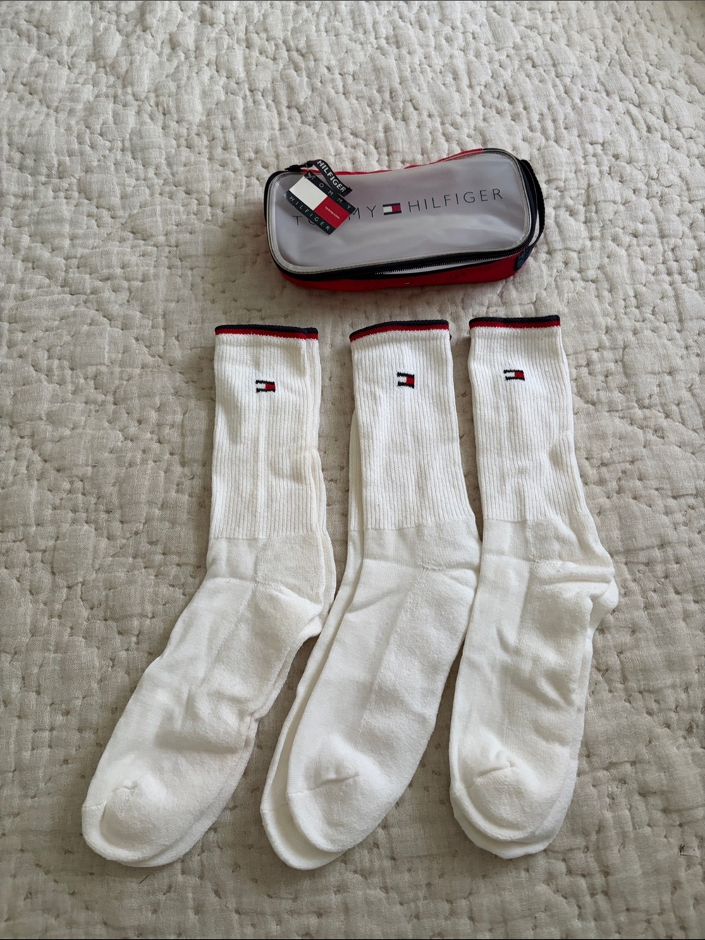 Tommy Hilfiger White Crew Socks with Red & Navy Trim - 3 Pack